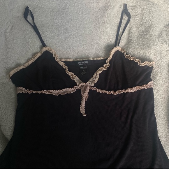 Black & cream lace n ribbed lingerie slip / sleep nightie - Picture 3 of 8